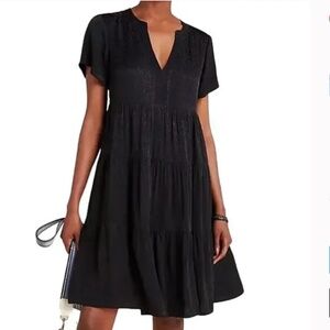 Anthropologie MAEVE Black Dress Tiered Short-Sleeve V-Neck